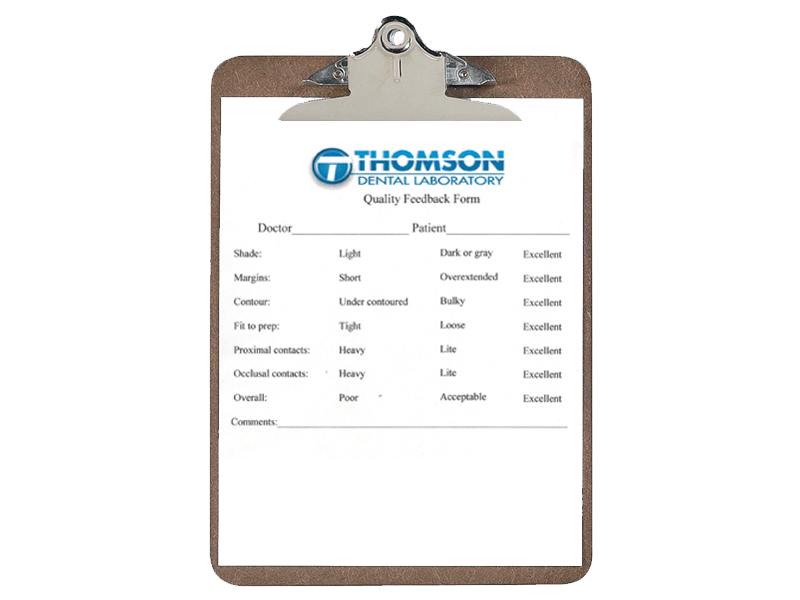 Quality Control Clipboard at Thomson Dental Laboratory in Tyler, TX